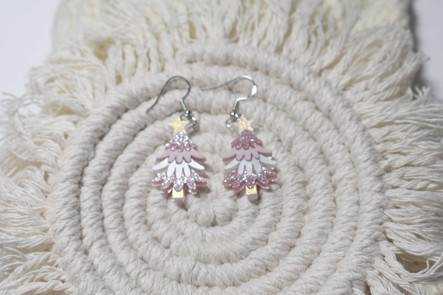 christmas tree earrings pink and white