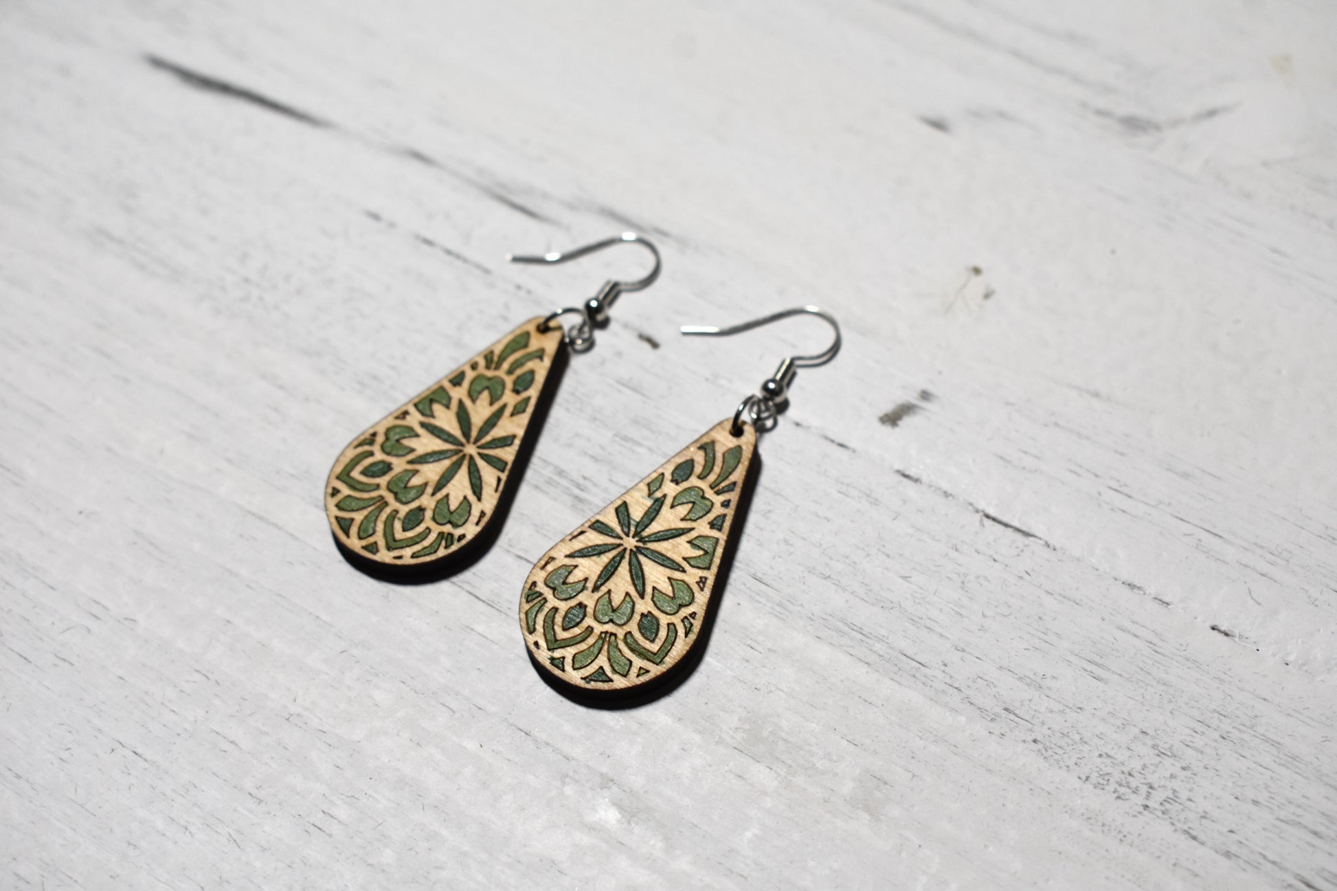 Earrings - birch engraved design - green hues - Creative Designs By Kari