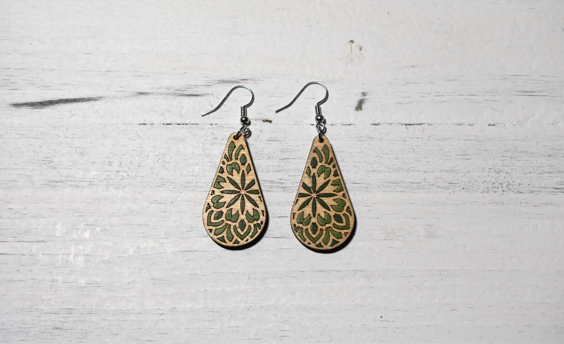 Earrings - birch engraved design - green hues - Creative Designs By Kari