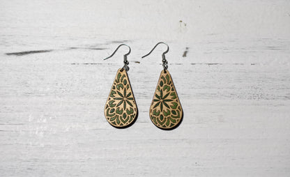 Earrings - birch engraved design - green hues - Creative Designs By Kari