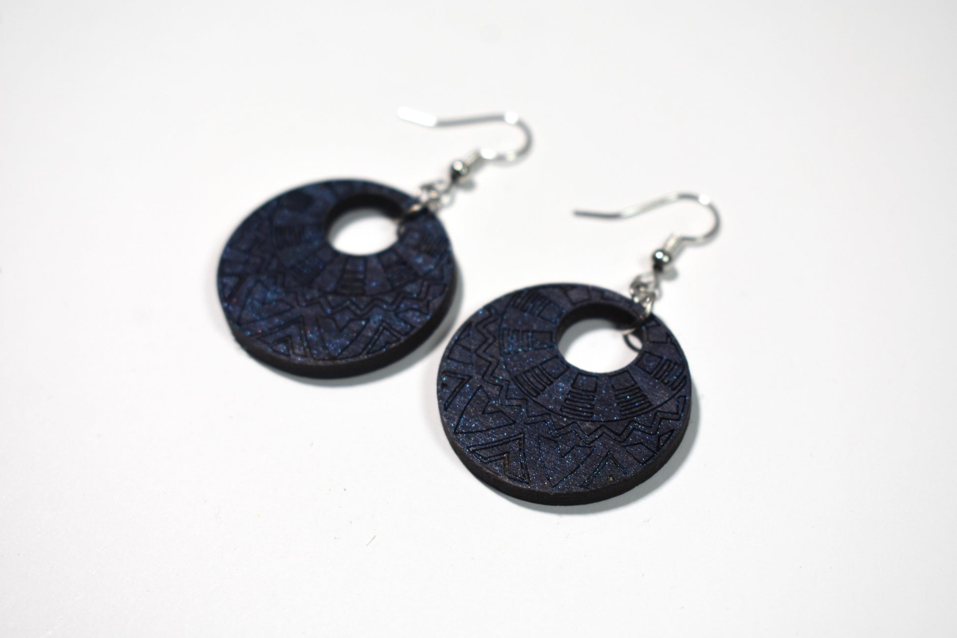 Midnight blue birch mandala engraved earrings - Creative Designs By Kari