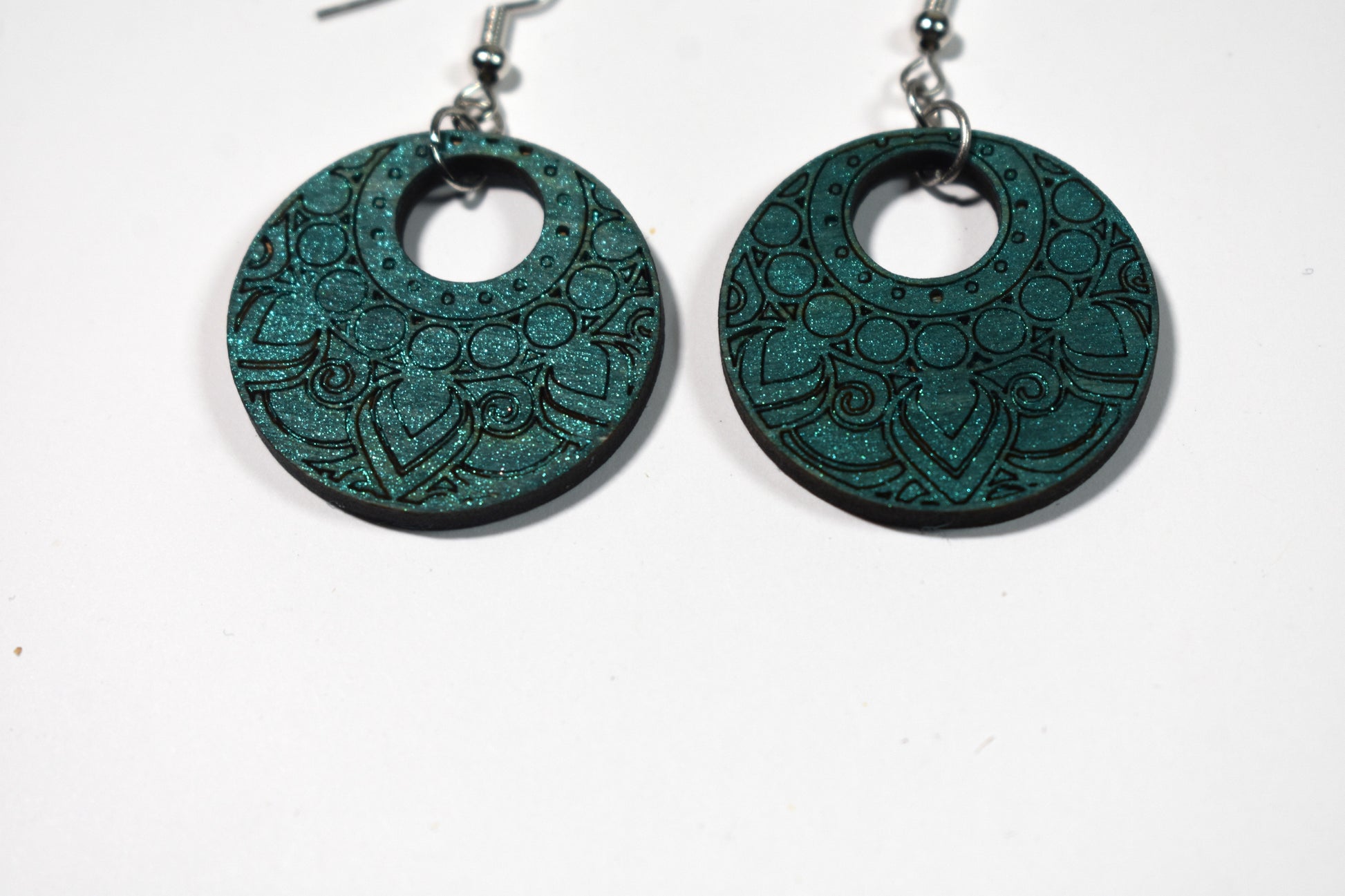 Teal birch mandala engraved earrings - Creative Designs By Kari