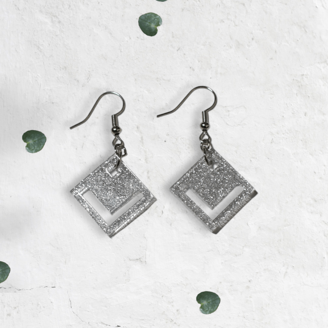 Earrings - silver shimmer square geometric - Creative Designs By Kari
